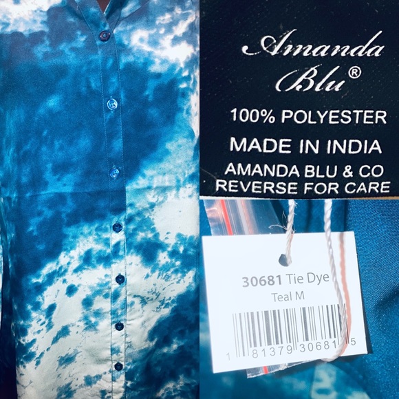 Amanda Blu Tie Dye Teal Button Down Flowy Loose Fit Tunic Blouse - Picture 3 of 6